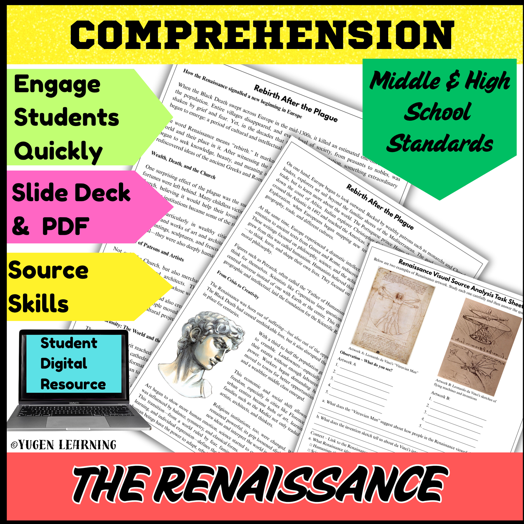 Renaissance History Comprehension, Humanism & Da Vinci, Digital-Print, Slides