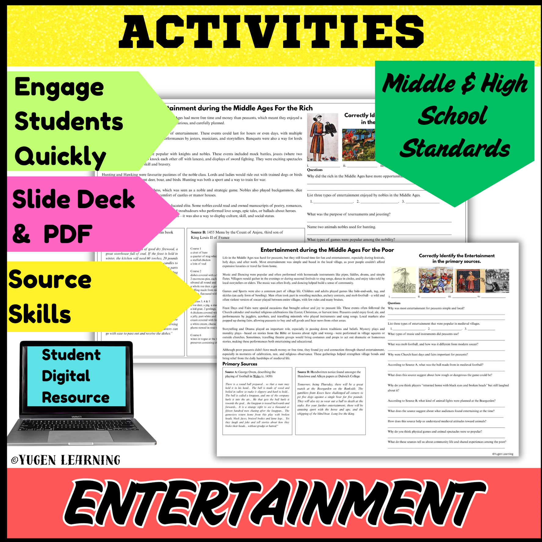 Medieval Entertainment Worksheets, Rich vs Poor, History Source, Digital-Print