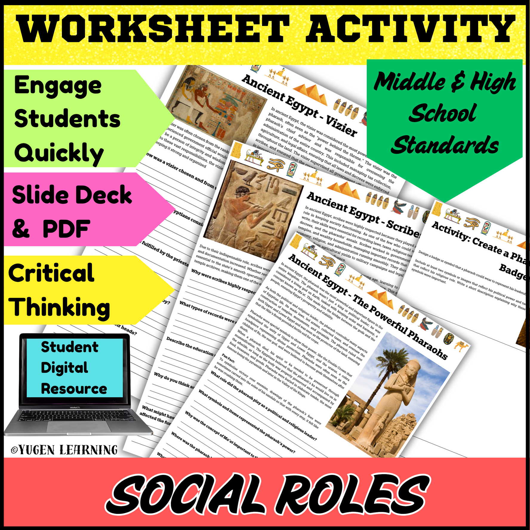 Ancient Egypt: Pharaohs, Scribes, and Viziers No-Prep worksheet activity, Digital-Print