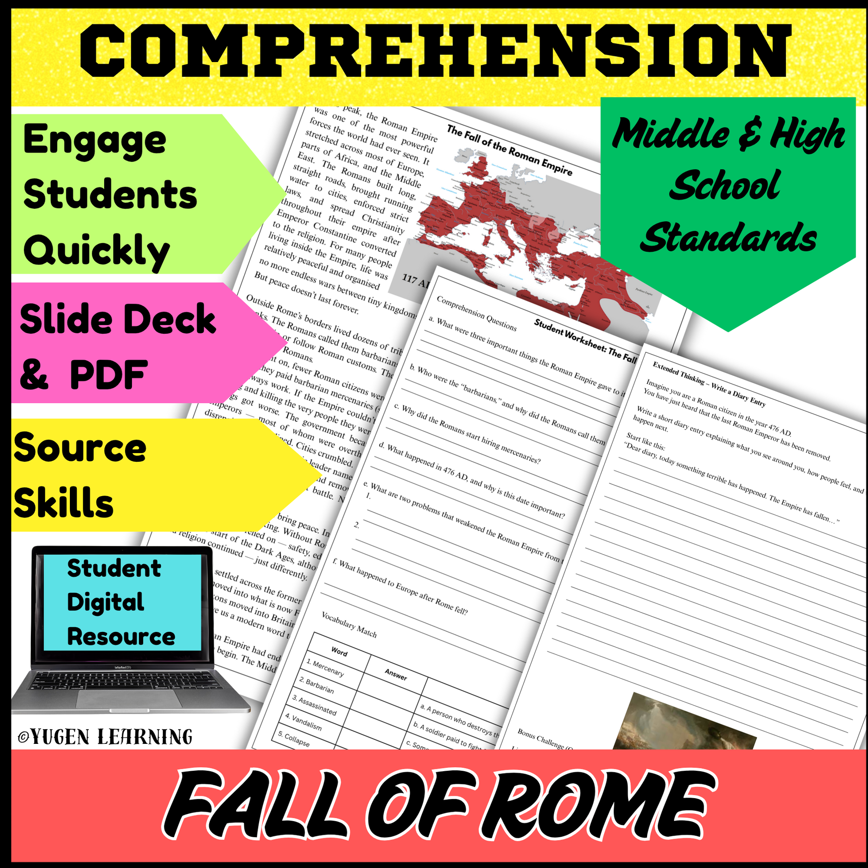 Fall of the Rome Worksheets with Activity, History Comprehension, Digital-Print