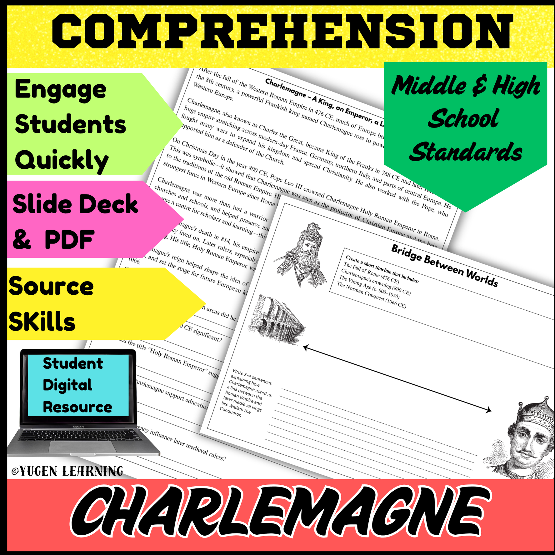 Charlemagne Comprehension Worksheets Activity, Medieval History, Digital-Print