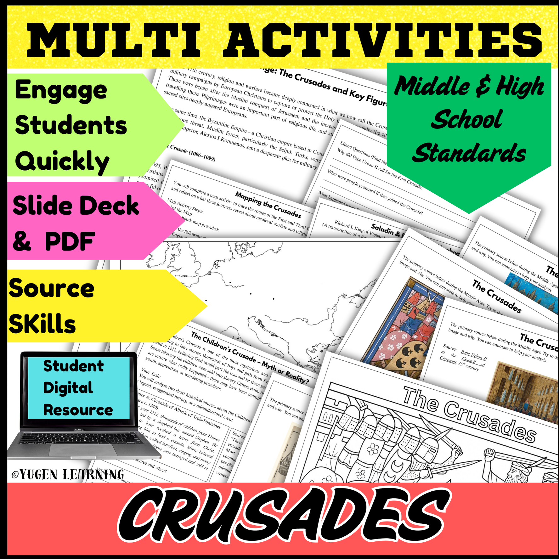 Crusades Comprehension Worksheets with Activity, Source Analysis, Digital-Print