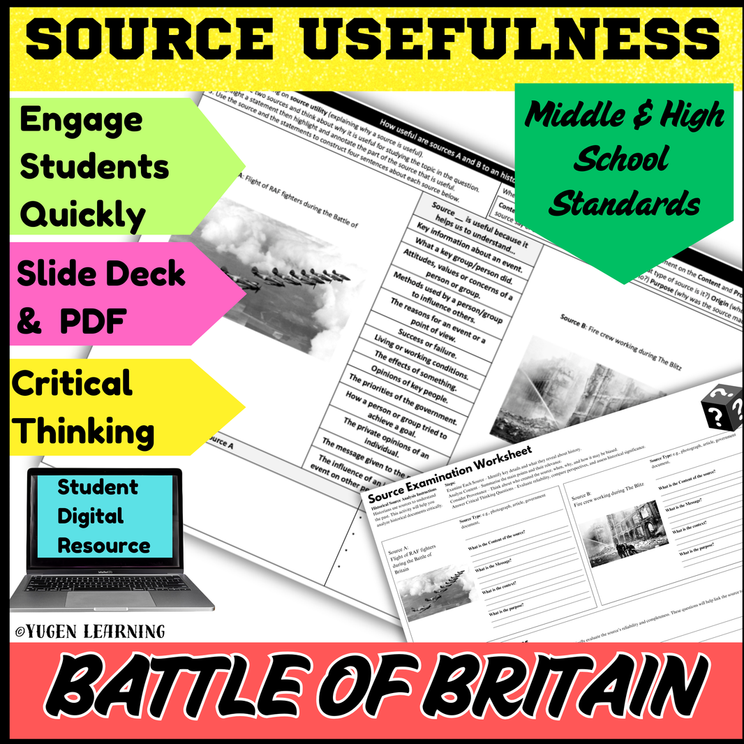 World War 2 History - Battle of Britain Source Usefulness Worksheet, slides deck