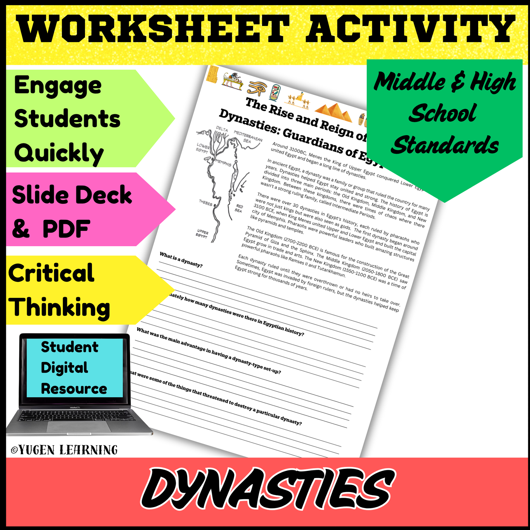 Ancient Egypt: Rise and Reign of Egyptian Dynasties, No-Prep worksheet activity (digital-Print)