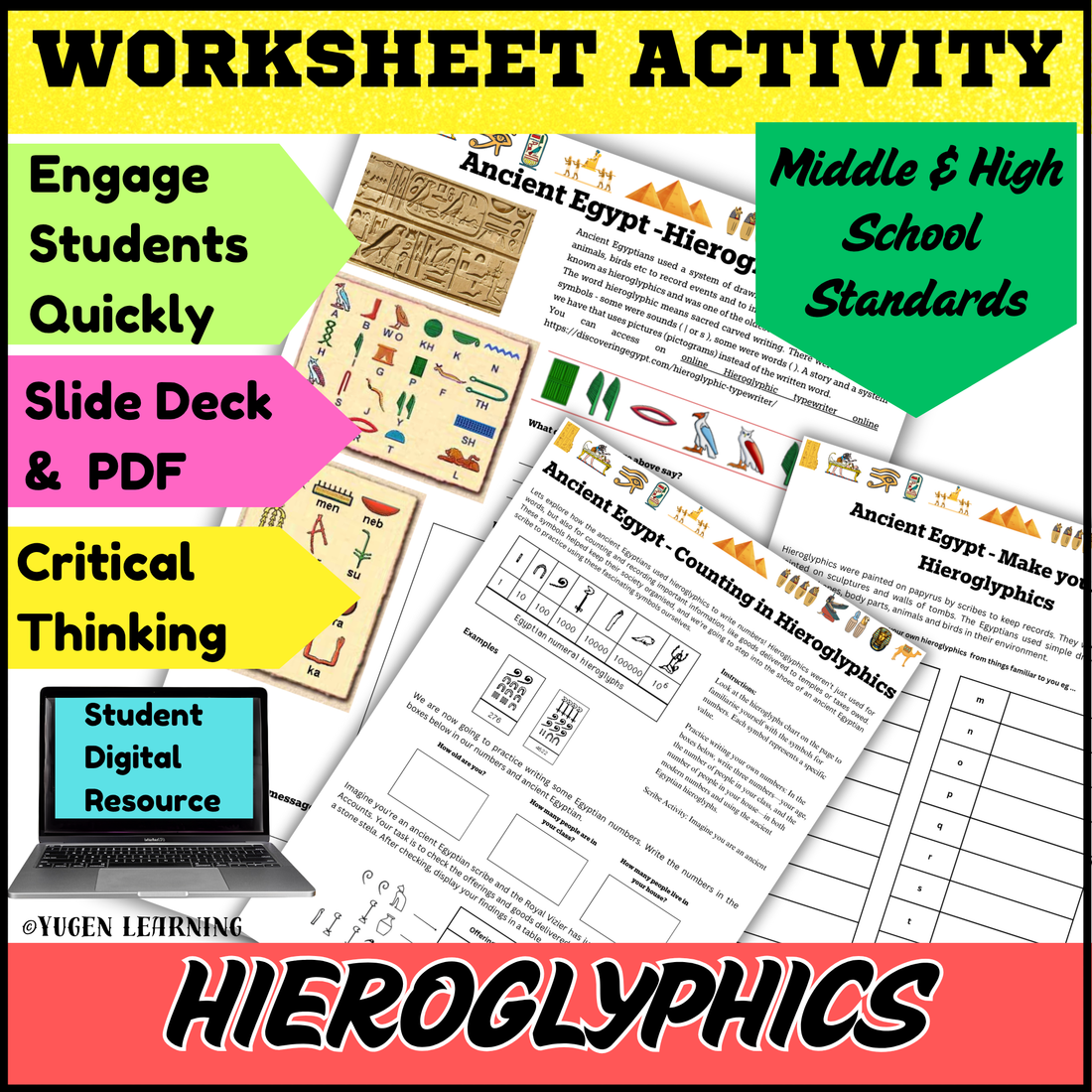Ancient Egyptian Hieroglyphics and Counting worksheet, slide deck (Digital-Print