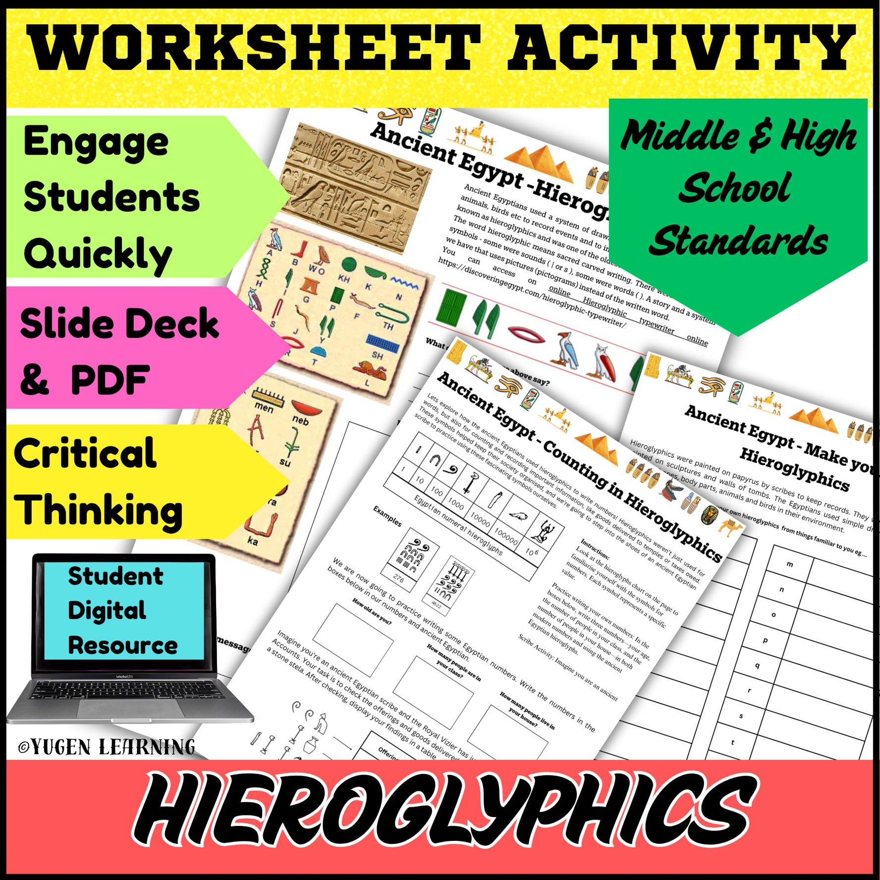 Ancient Egyptian Hieroglyphics and Counting worksheet, slide deck (Digital-Print