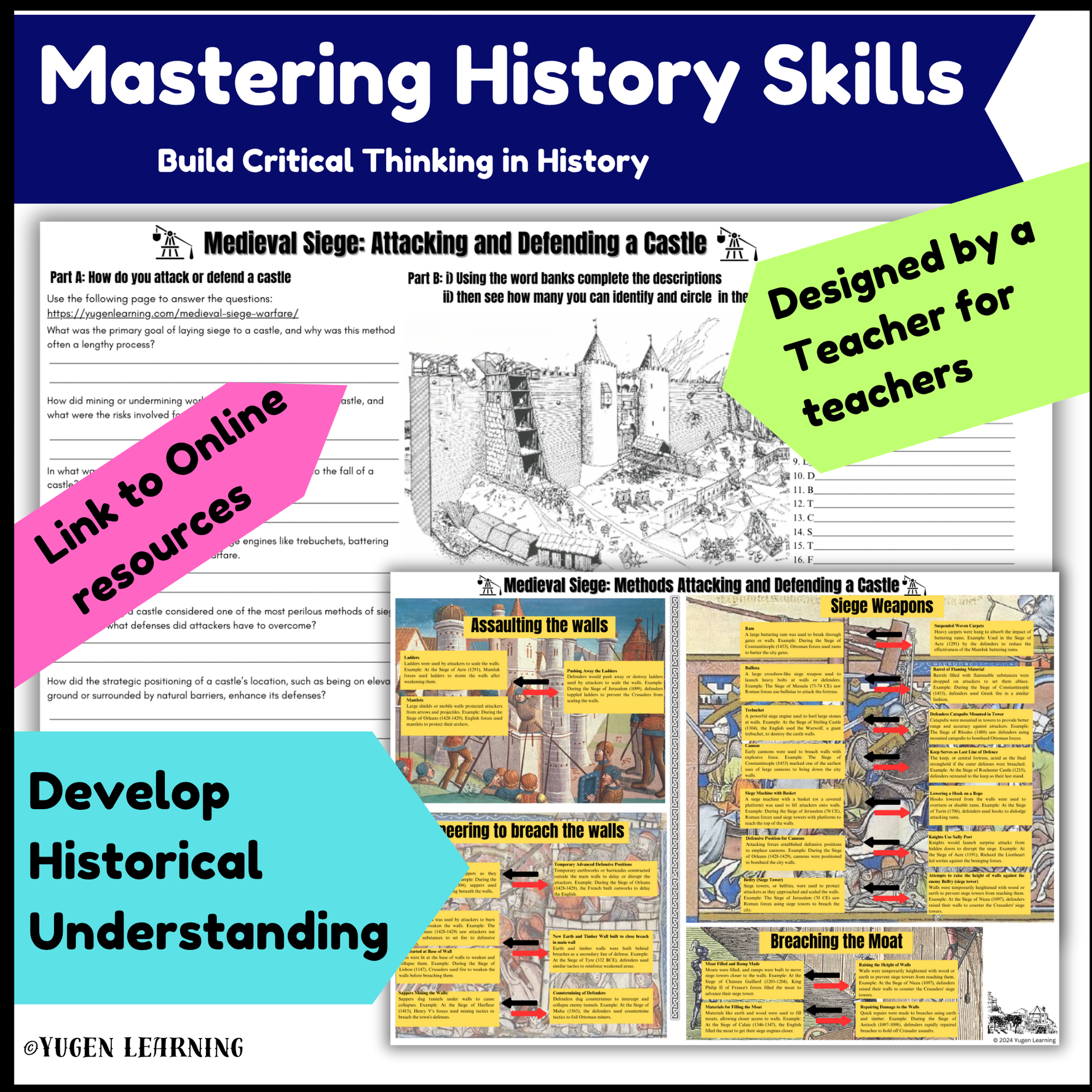 Medieval Castle Defense & Siege Warfare Activities + Slides (Digital & Print)