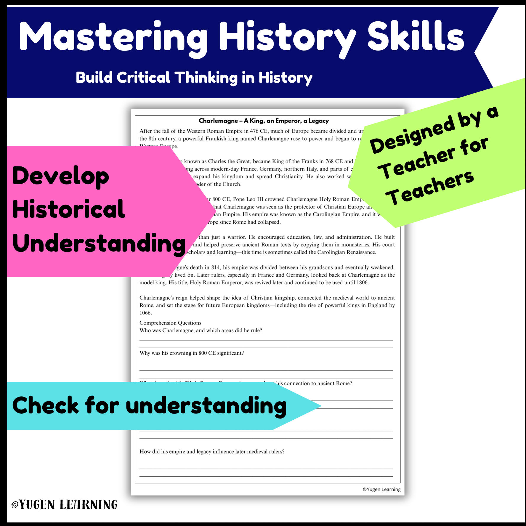 Charlemagne Comprehension Worksheets Activity, Medieval History, Digital-Print