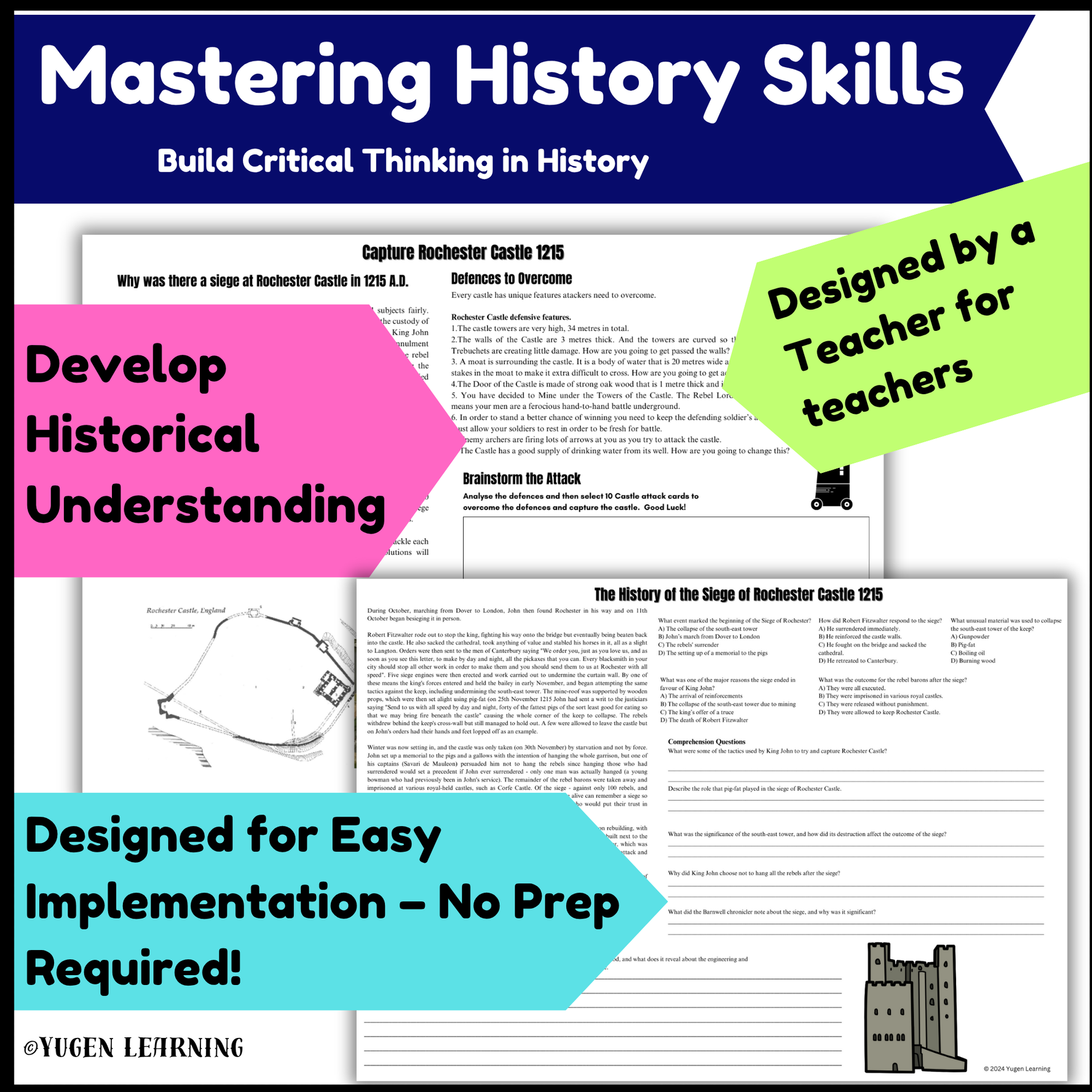 Castle Siege Strategy Game & Worksheets, Medieval Europe, slides (Digital-Print)