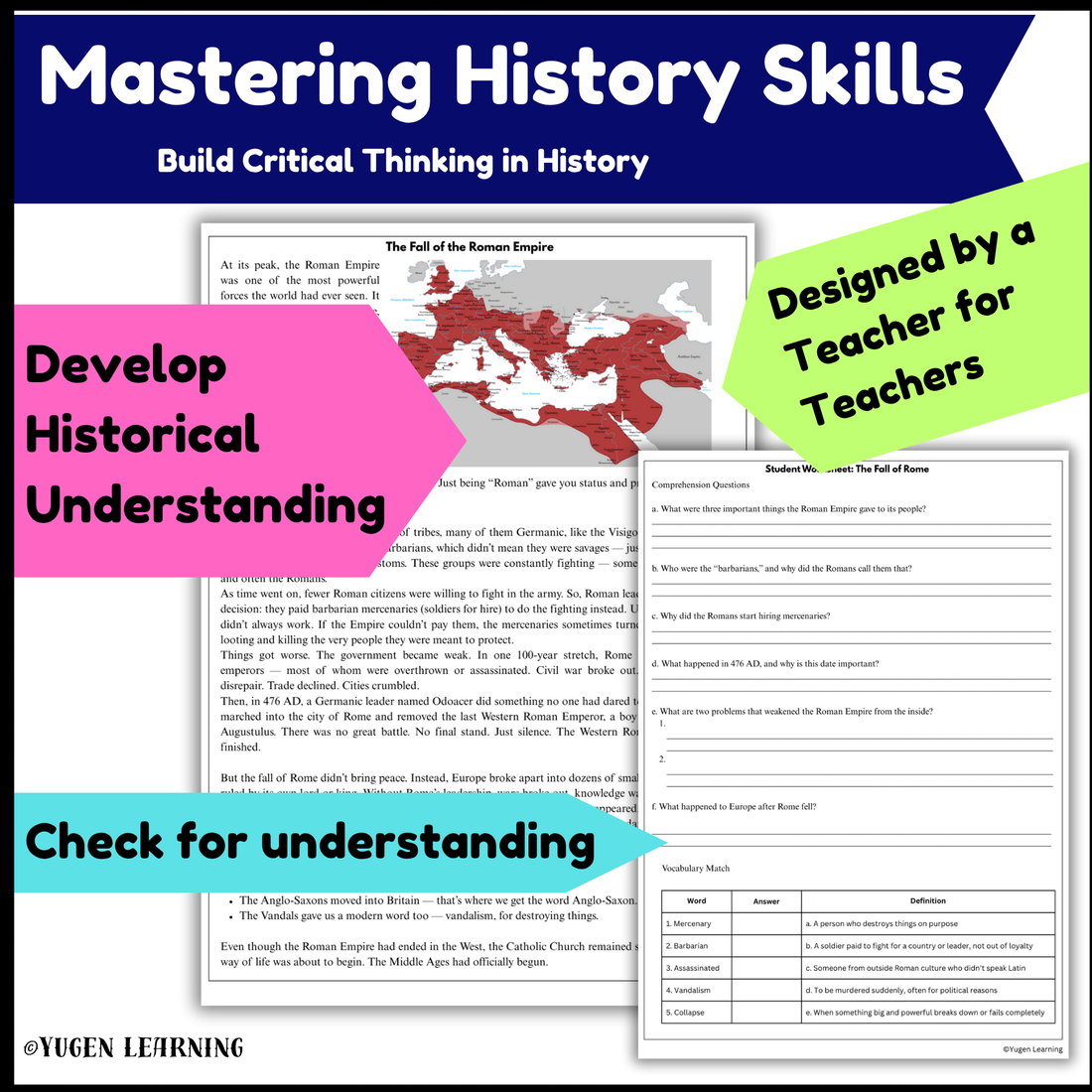 Fall of the Rome Worksheets with Activity, History Comprehension, Digital-Print