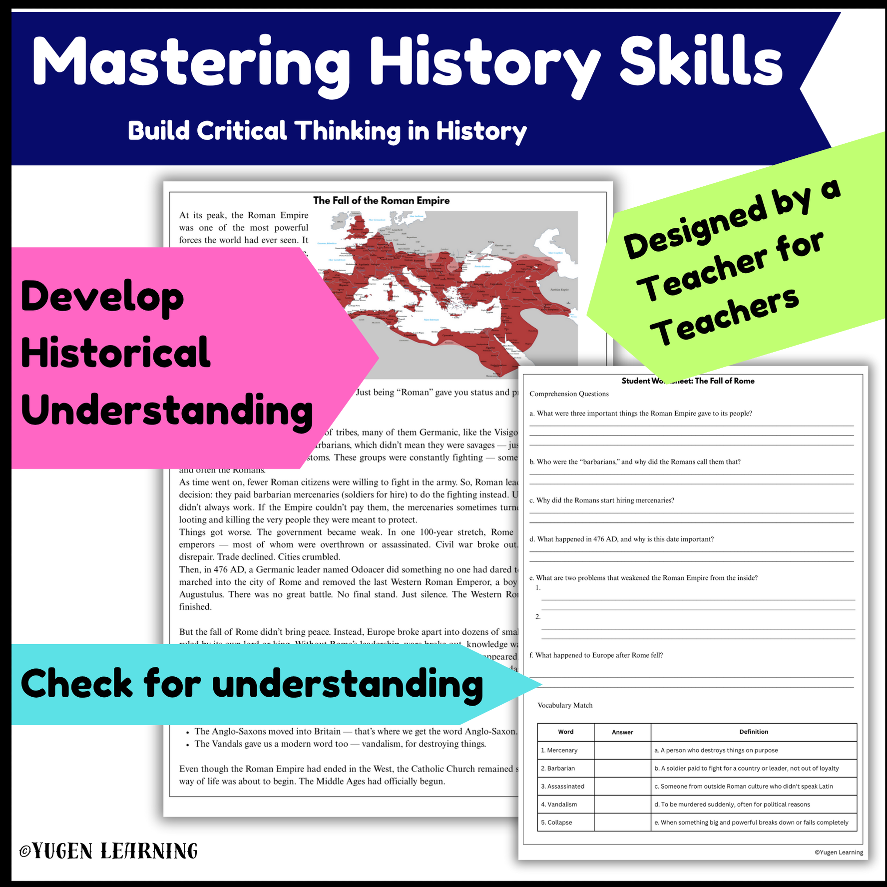 Fall of the Rome Worksheets with Activity, History Comprehension, Digital-Print
