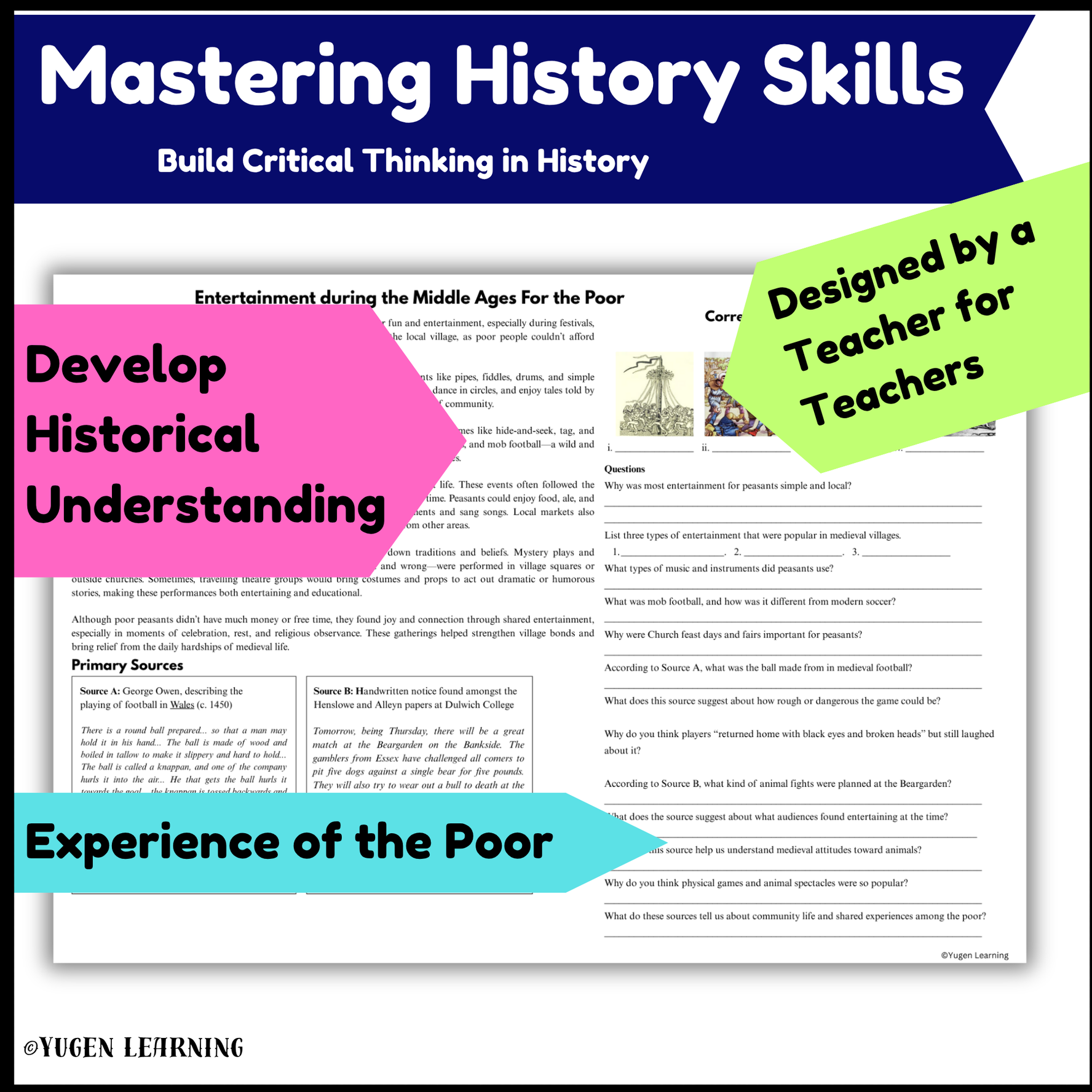 Medieval Entertainment Worksheets, Rich vs Poor, History Source, Digital-Print