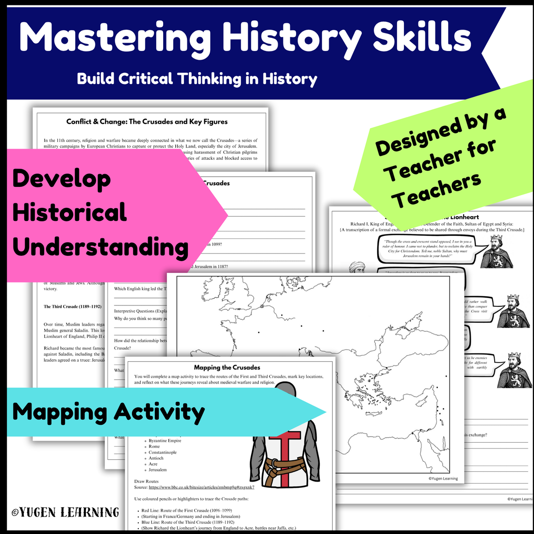 Crusades Comprehension Worksheets with Activity, Source Analysis, Digital-Print