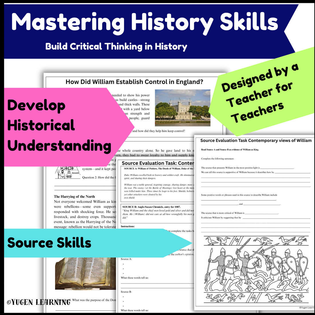 William the Conqueror Control Strategies Worksheets, Source, PEEL Writing, Digital-Print