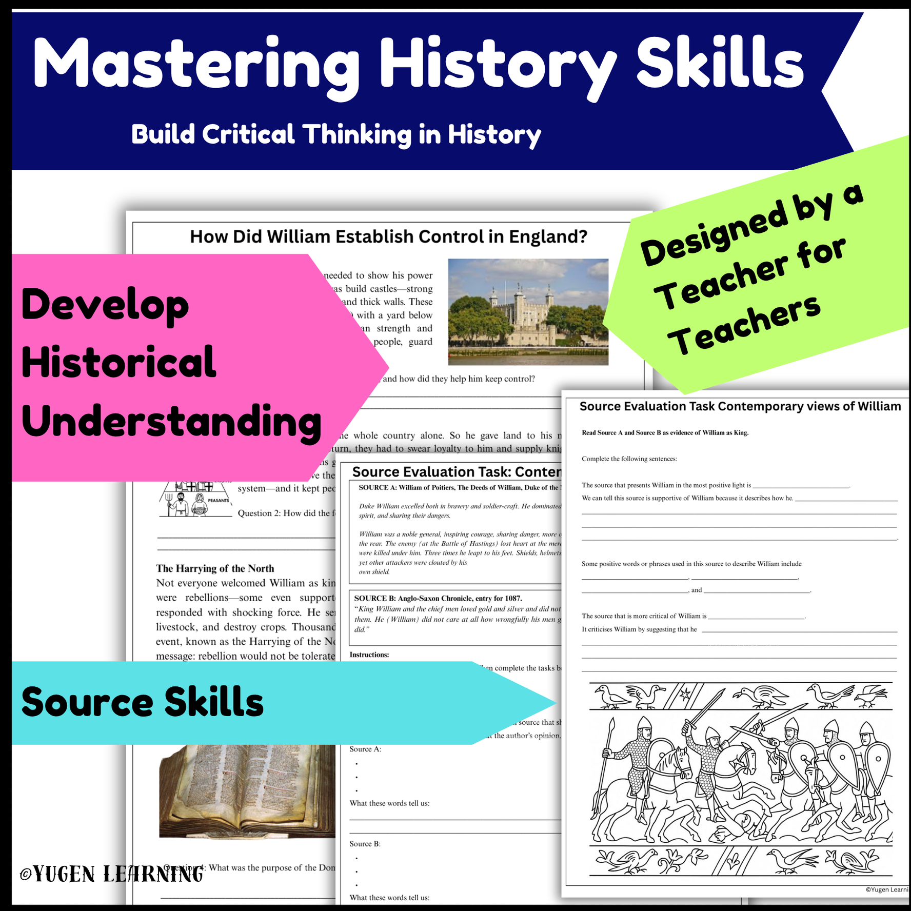 William the Conqueror Control Strategies Worksheets, Source, PEEL Writing, Digital-Print