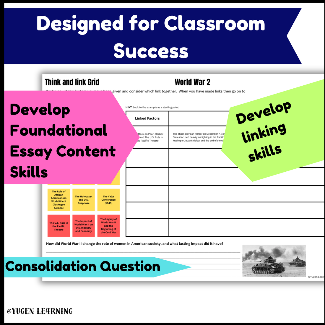 World War 2 History Factors Worksheet, Revision Critical Thinking Grid Activity