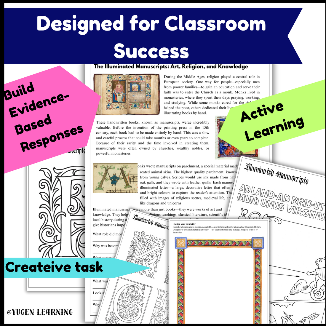 Medieval Church, Illuminated Text Worksheets , source, Manuscript, Digital-Print