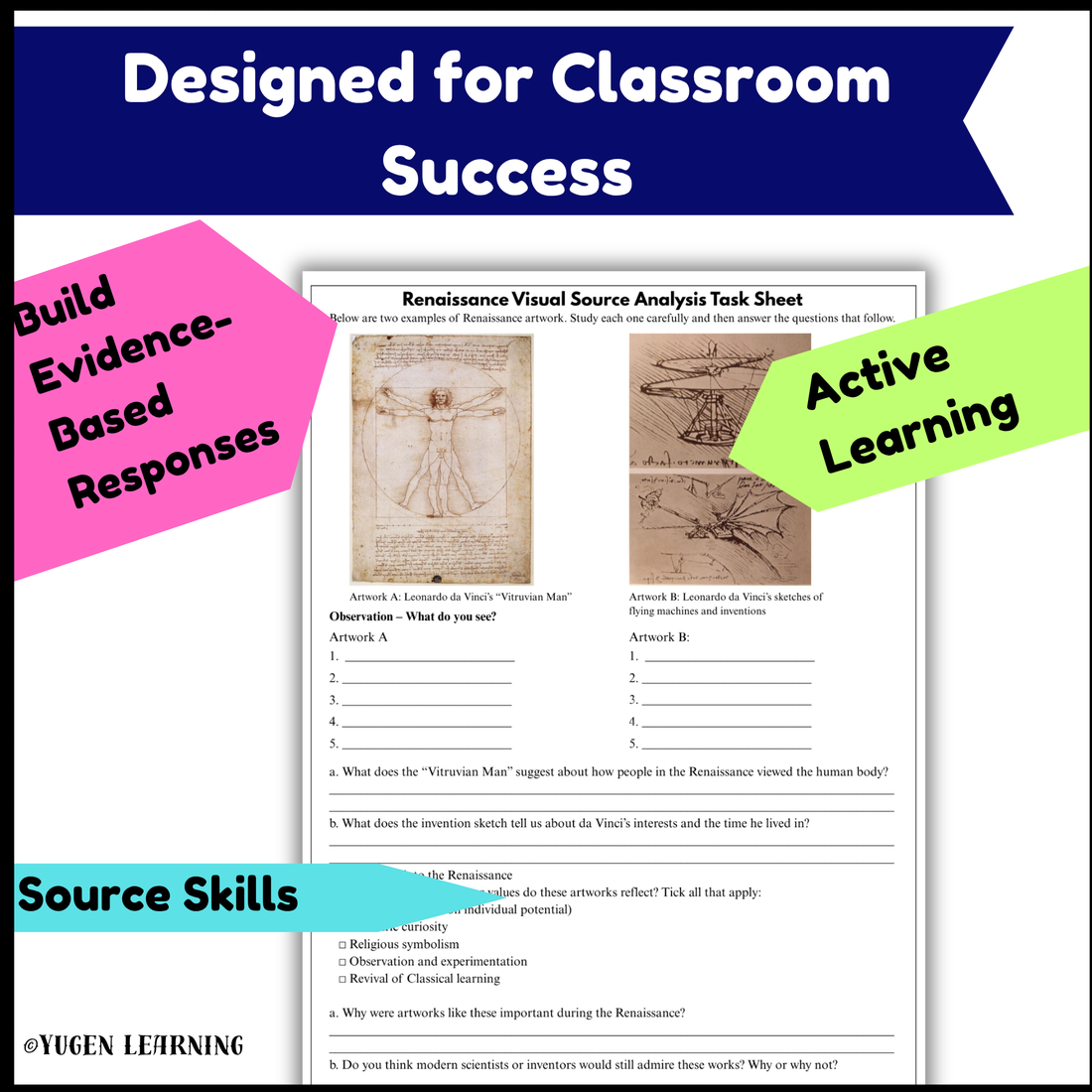 Renaissance History Comprehension, Humanism & Da Vinci, Digital-Print, Slides