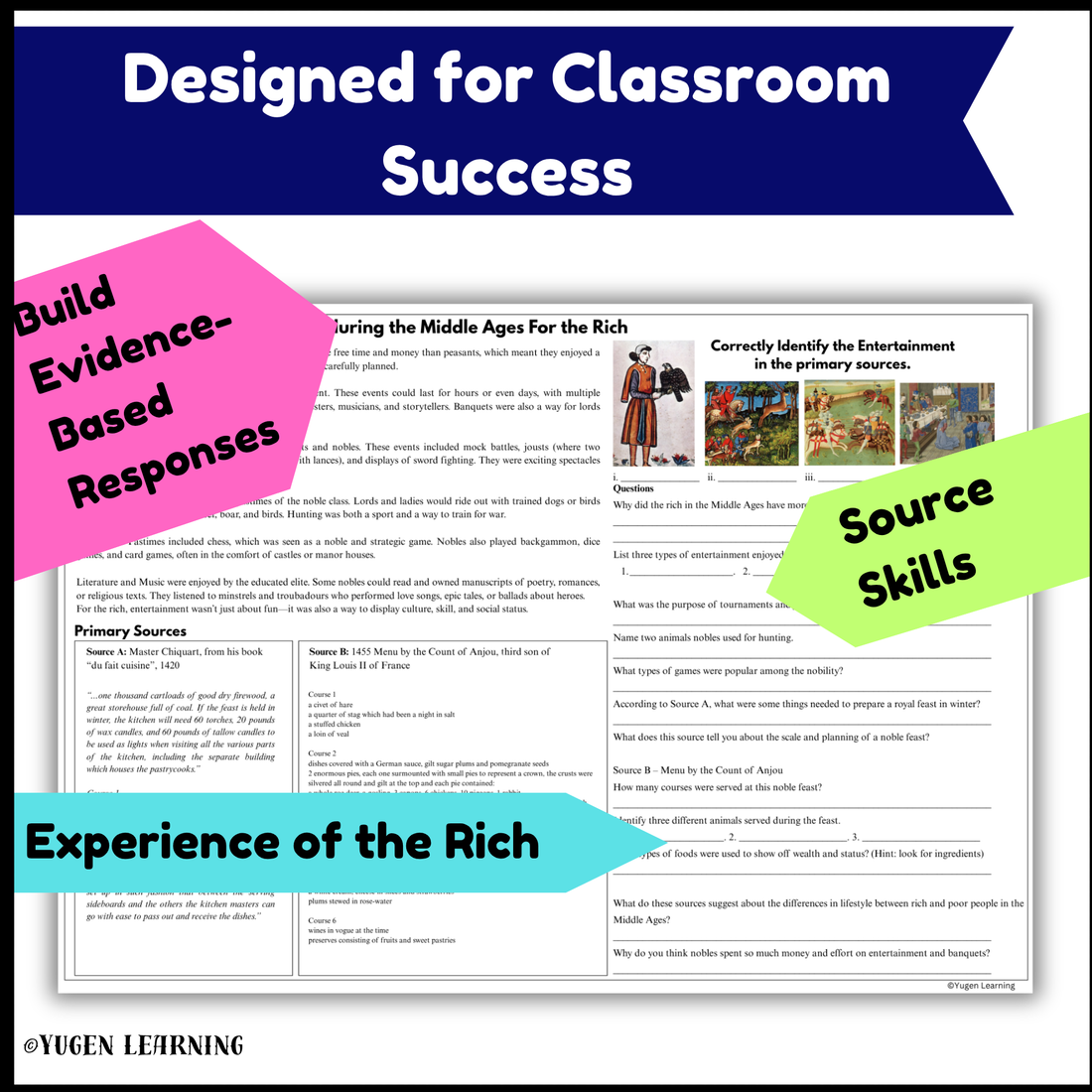 Medieval Entertainment Worksheets, Rich vs Poor, History Source, Digital-Print