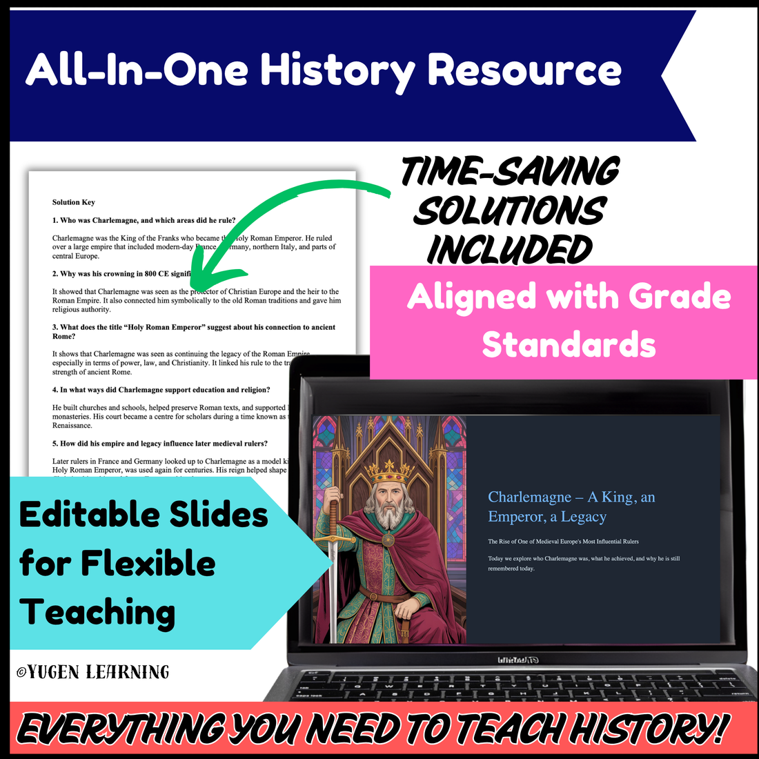 Charlemagne Comprehension Worksheets Activity, Medieval History, Digital-Print