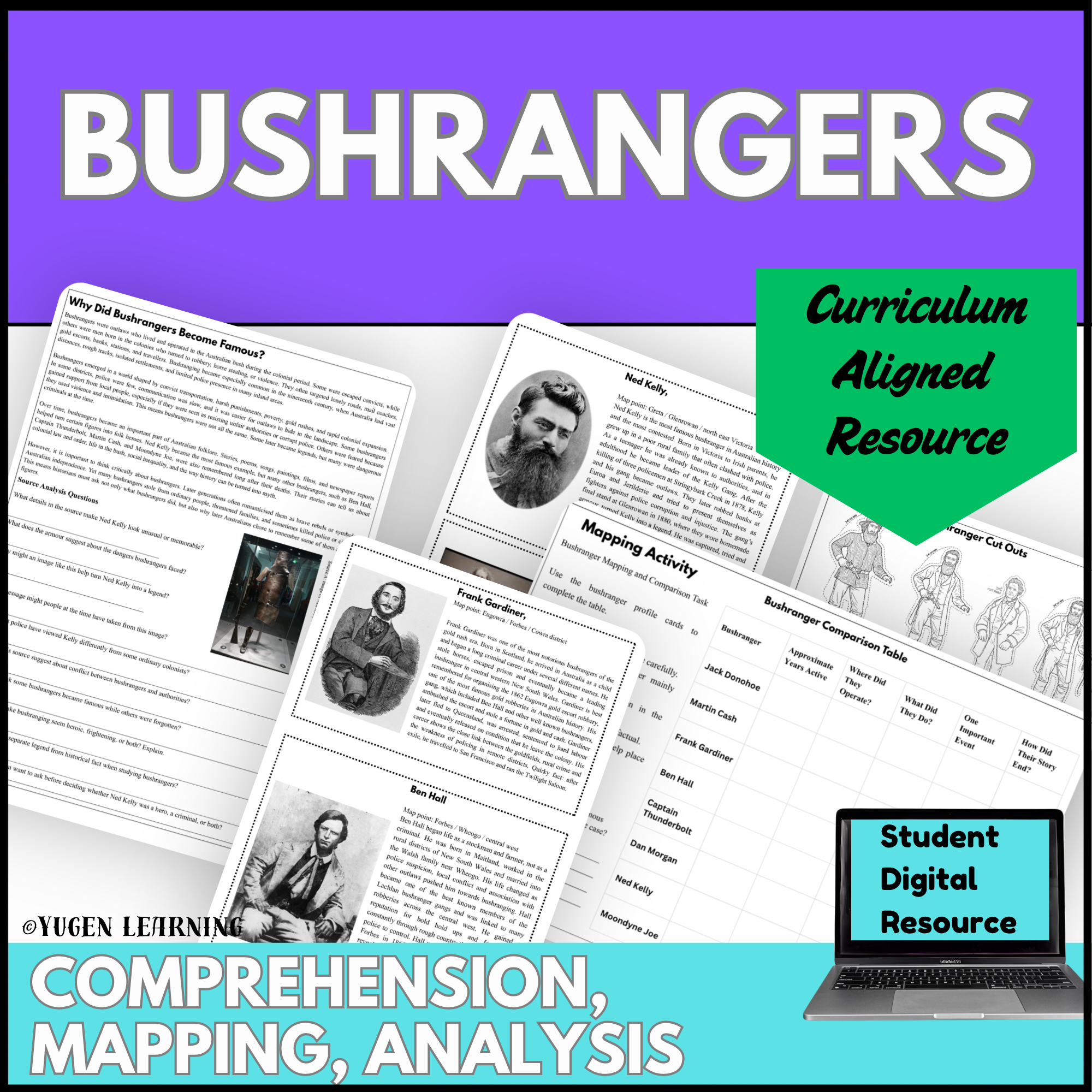 Australian Bushrangers Year 9 history resource cover with comprehension mapping and source analysis activities
