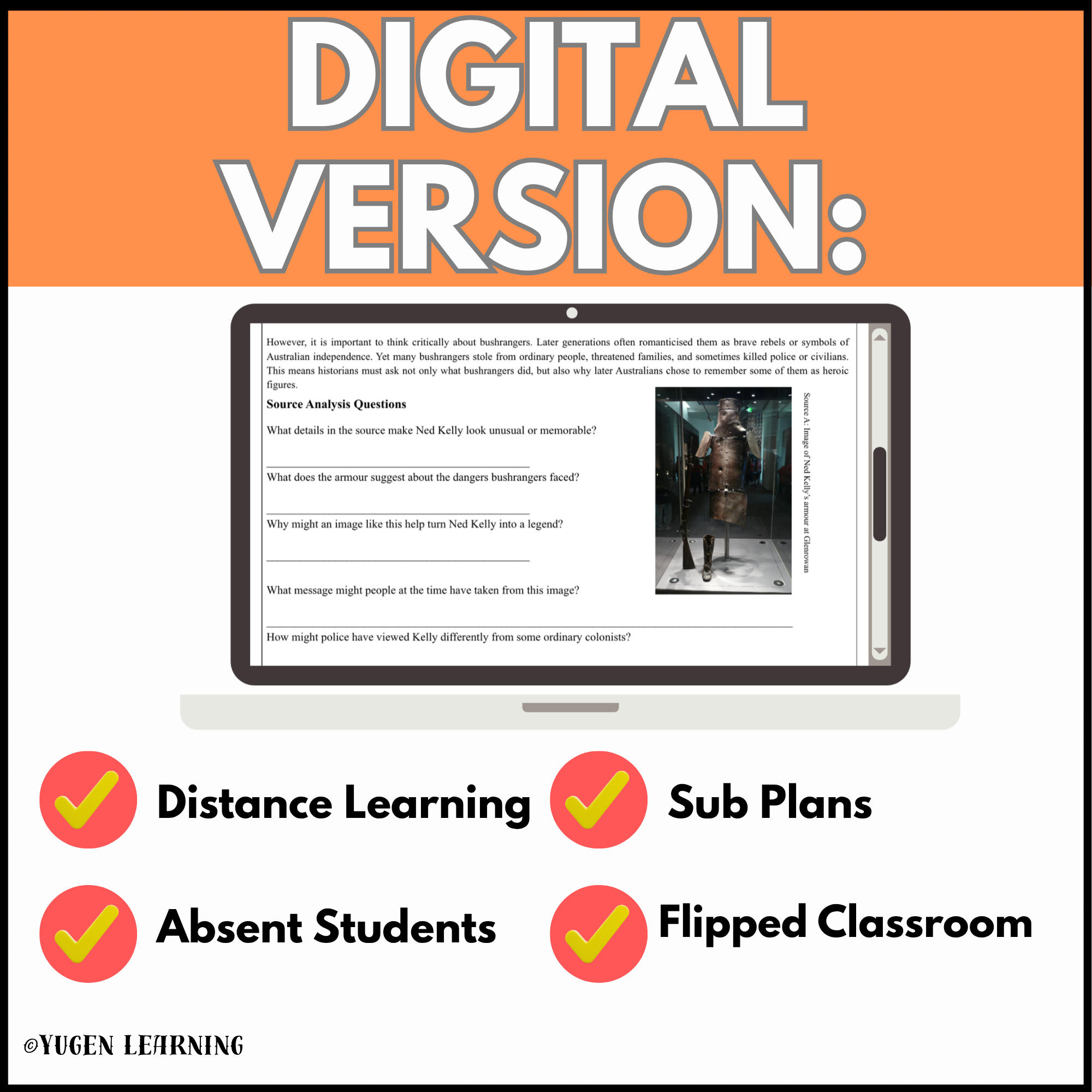 Digital version of the Australian Bushrangers history worksheet for distance learning sub plans and flipped classrooms