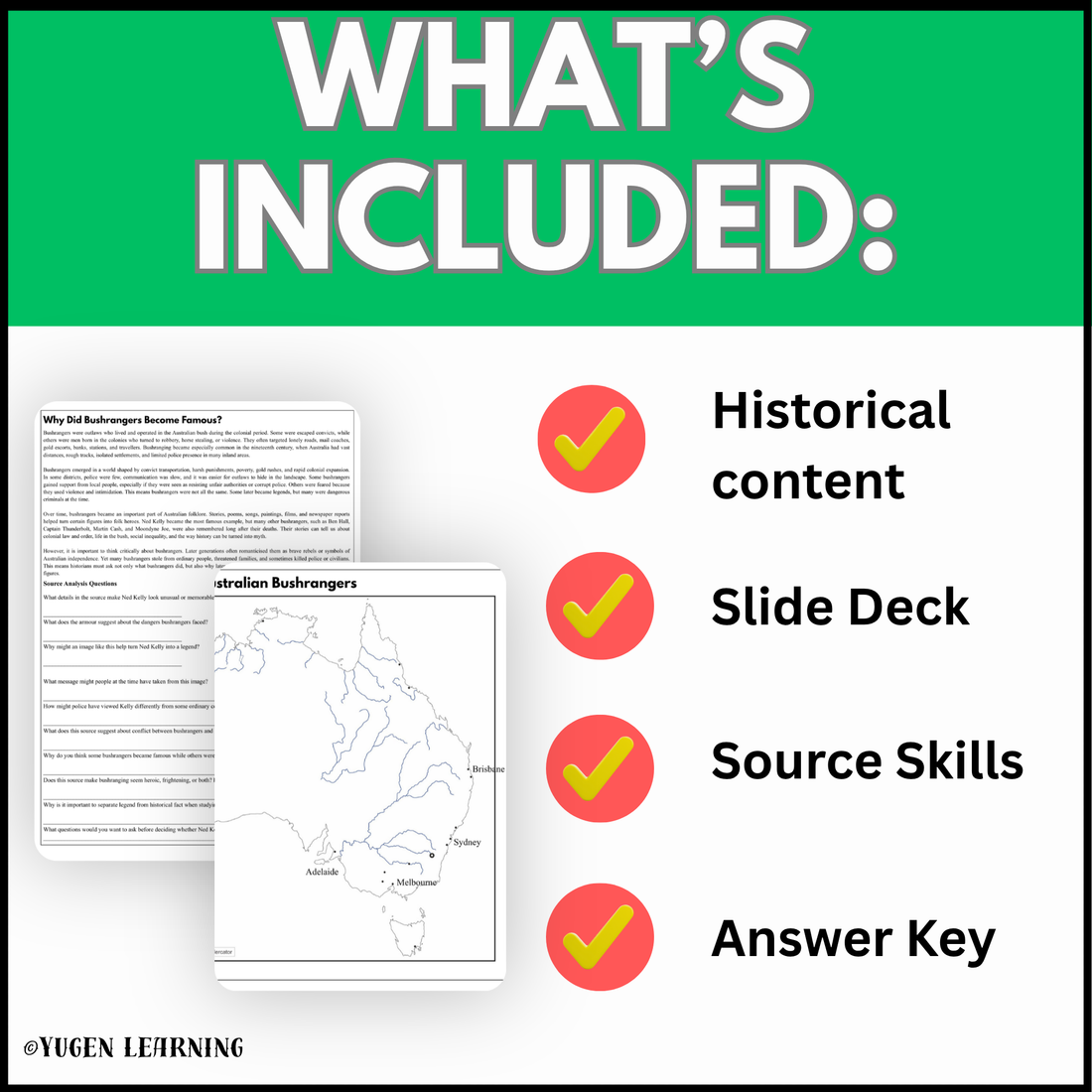What is included in the Australian Bushrangers history resource including slide deck source skills and answer key