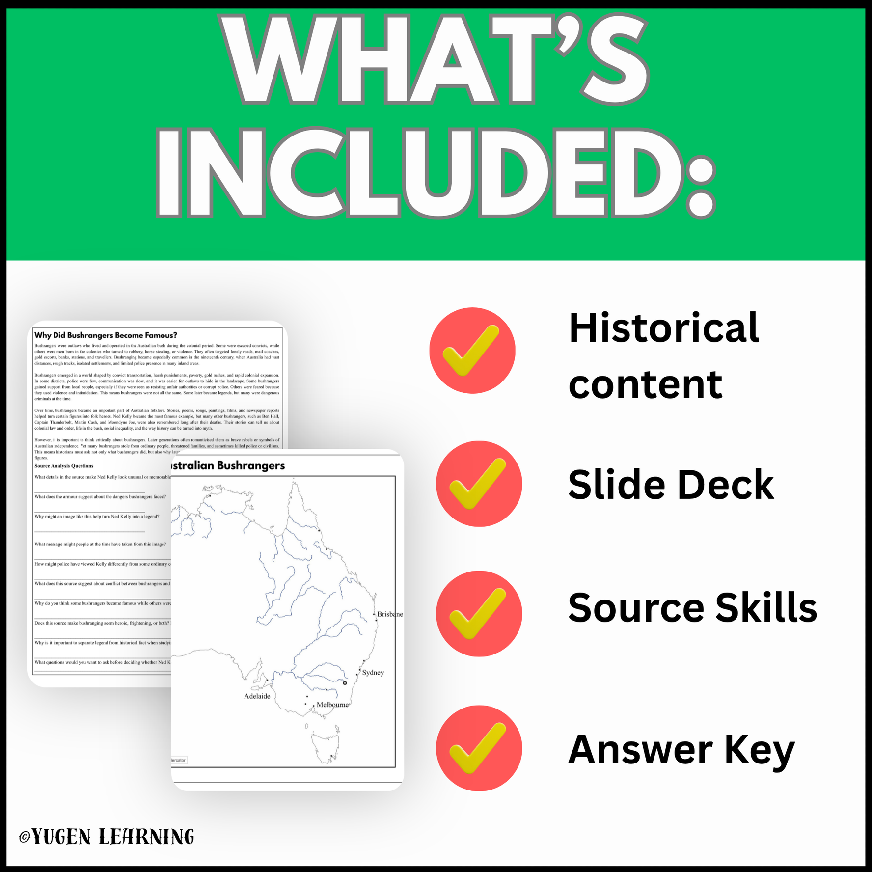What is included in the Australian Bushrangers history resource including slide deck source skills and answer key