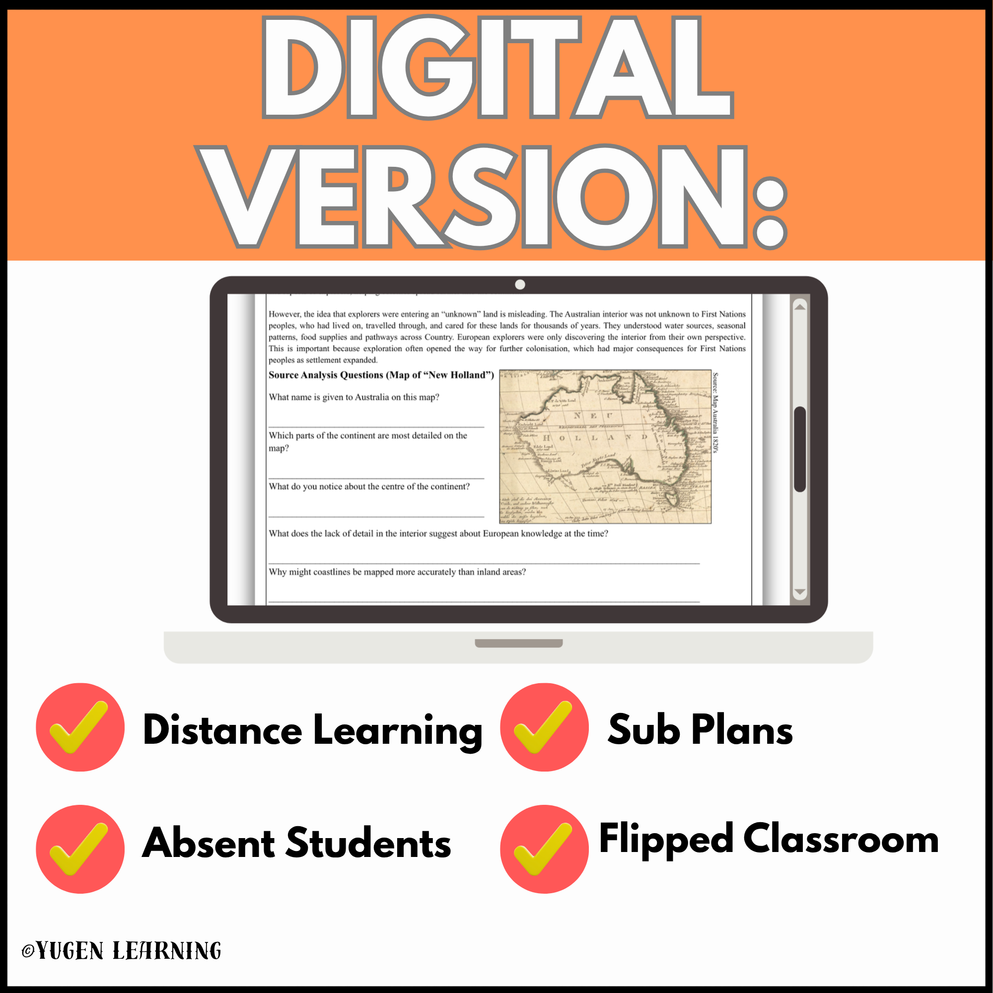 Digital version of Australian Inland Explorers history worksheet for distance learning sub plans absent students and flipped classroom