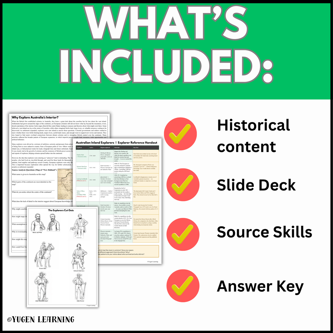 What is included in Australian Inland Explorers history teaching resource with historical content slide deck source skills and answer key