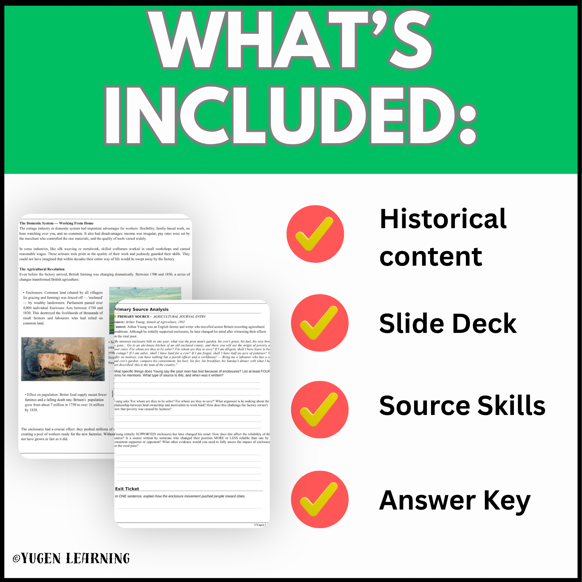 Britain before the Industrial Revolution teaching resource contents including historical reading, slide deck, source skills and answer key