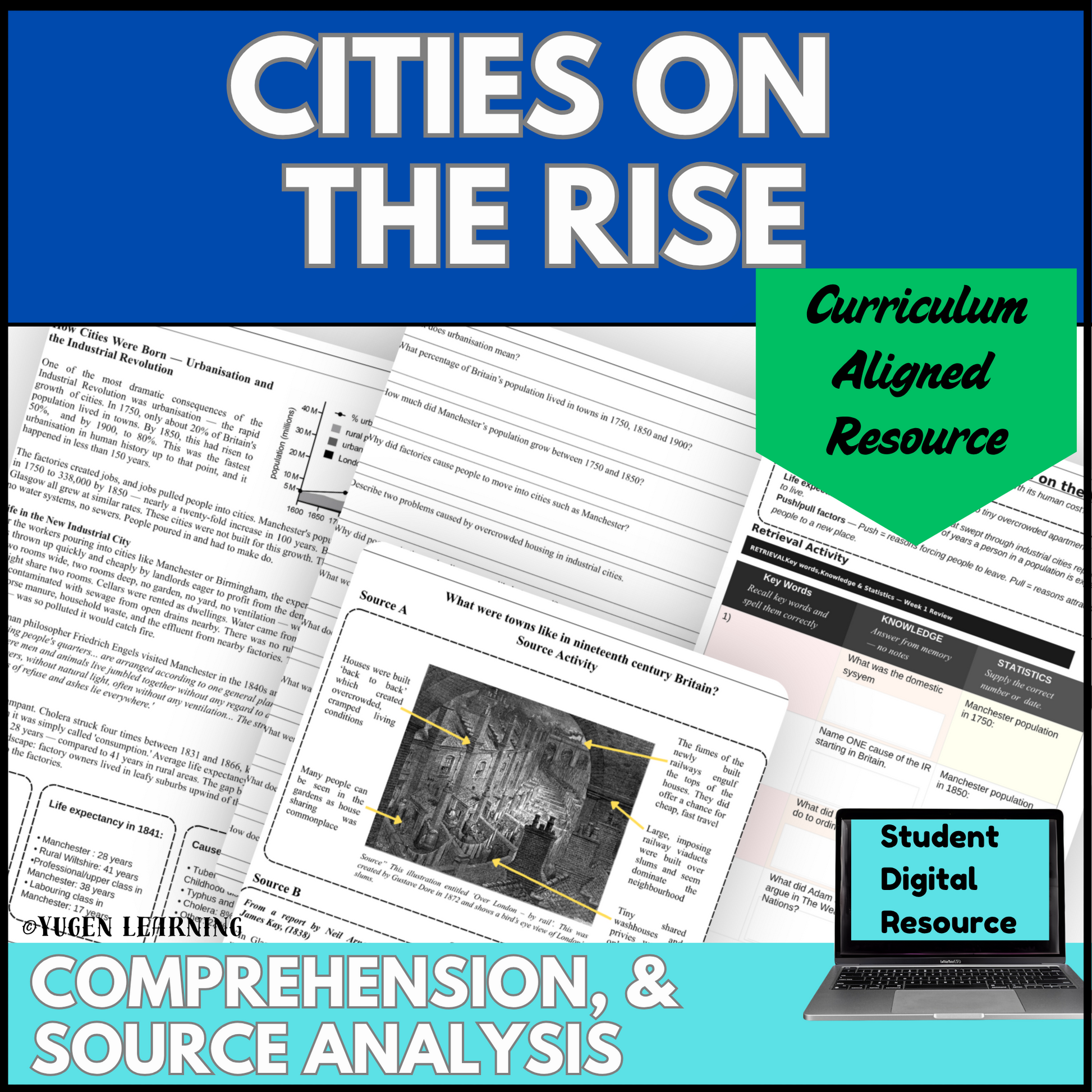 Cities on the Rise Industrial Revolution Year 9 history resource cover with comprehension, urbanisation and source analysis activities