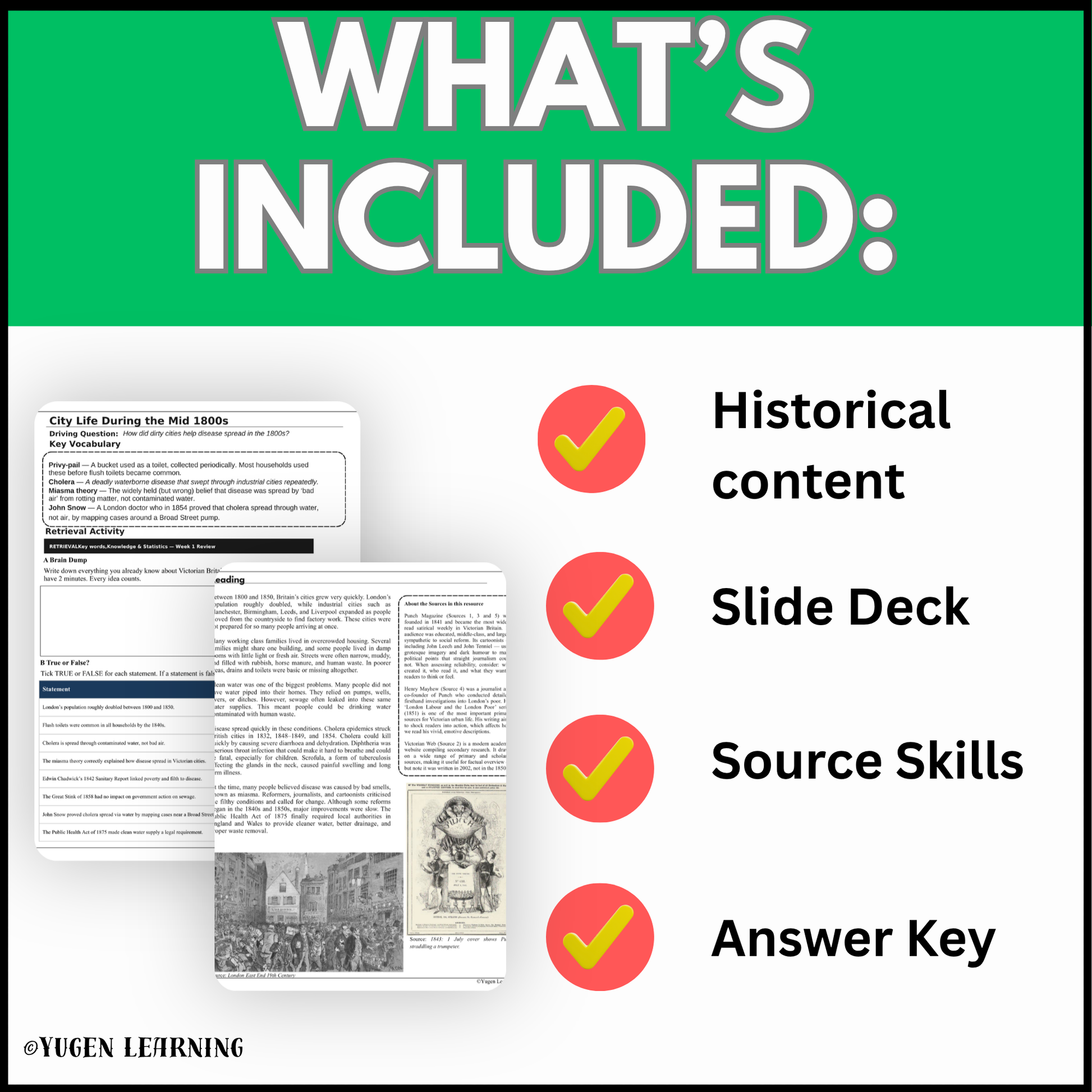 Disease in Industrial Cities teaching resource contents including historical content, slide deck, source skills and answer key