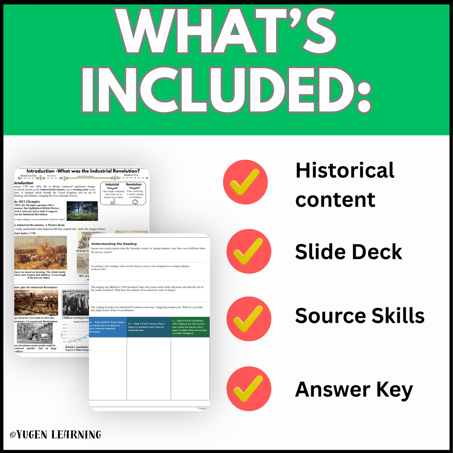 Industrial Revolution teaching resource contents including history reading, slide deck, source skills and answer key