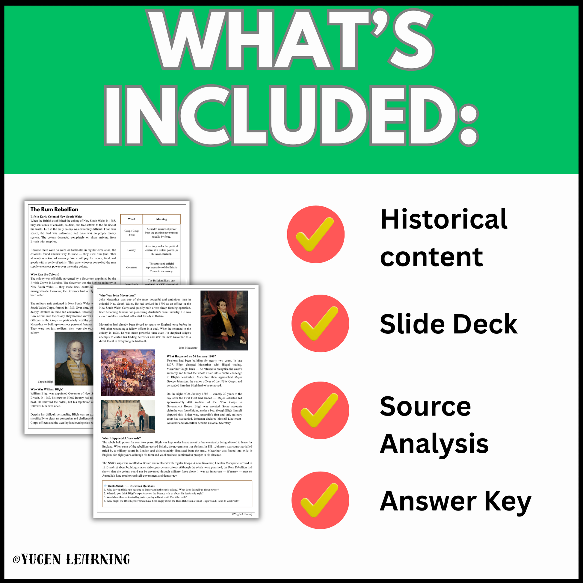 The Rum Rebellion resource contents including historical content slide deck source analysis and answer key