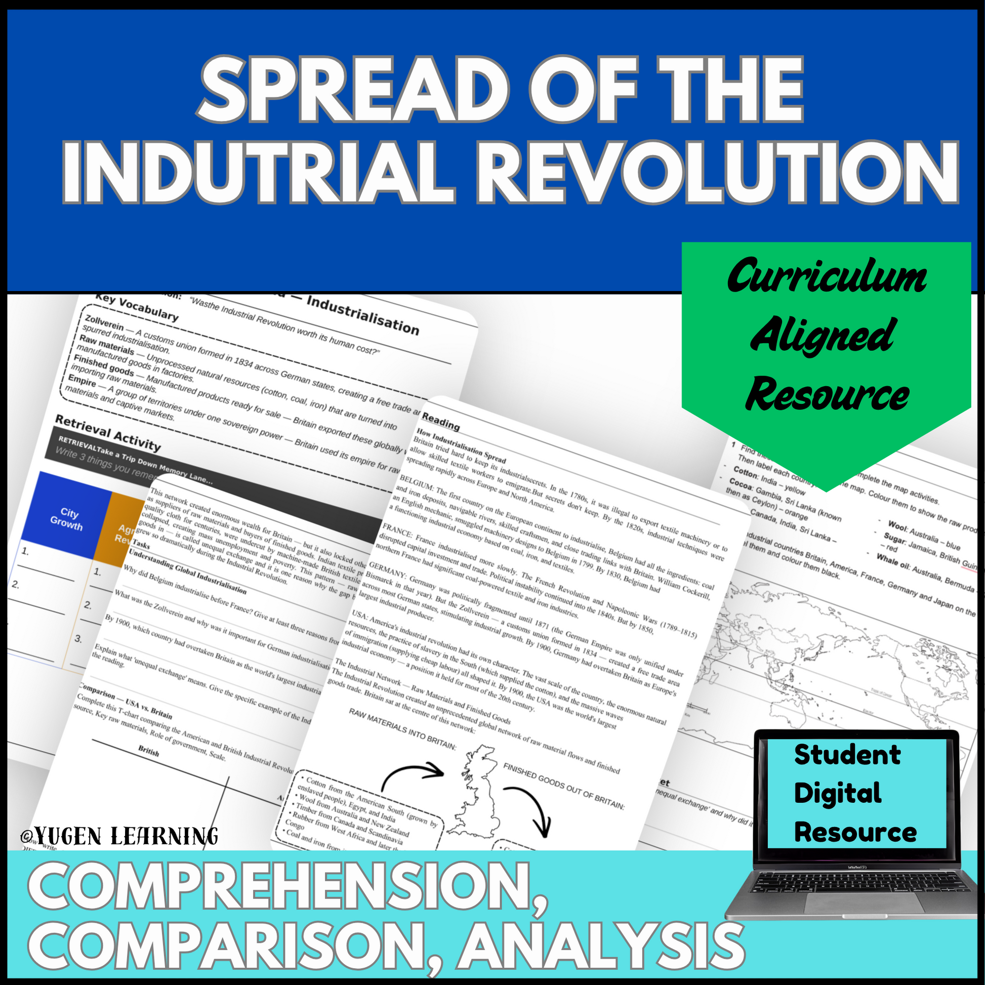 Spread of the Industrial Revolution Year 9 history resource cover with comprehension comparison and analysis activities
