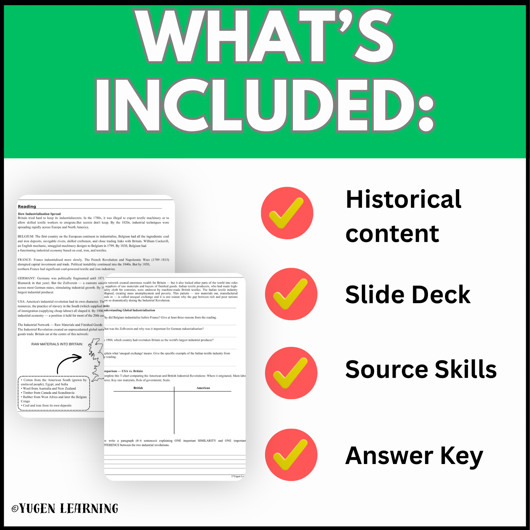 Industrial Revolution globalisation teaching resource contents including historical reading, slide deck, source skills and answer key