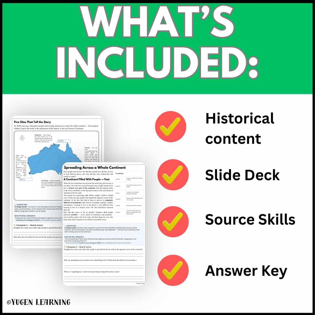 Contents of the Spreading Across a Whole Continent history resource including slide deck, source skills and answer key