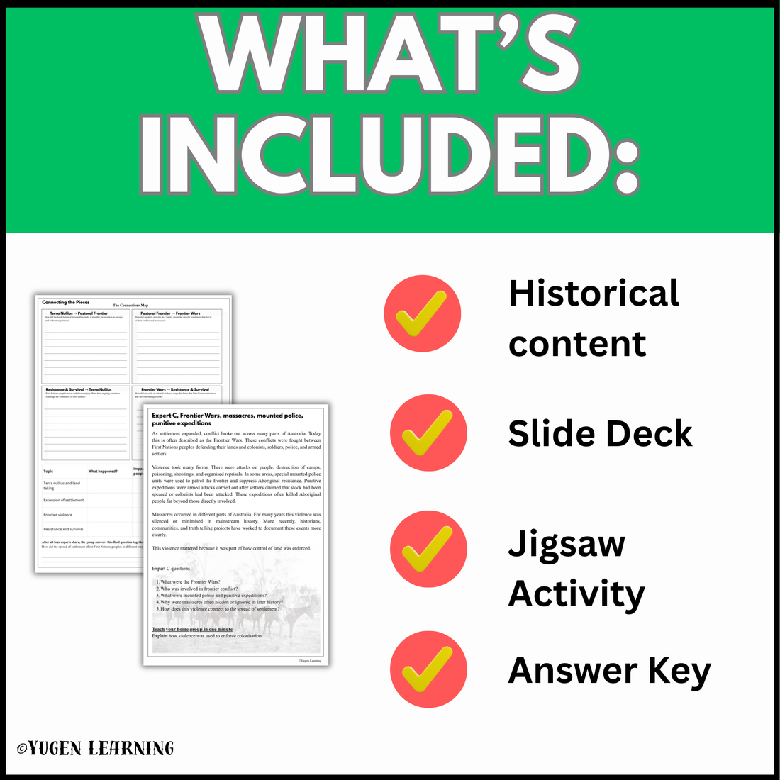 Terra Nullius and Dispossession resource contents including historical content slide deck jigsaw activity and answer key