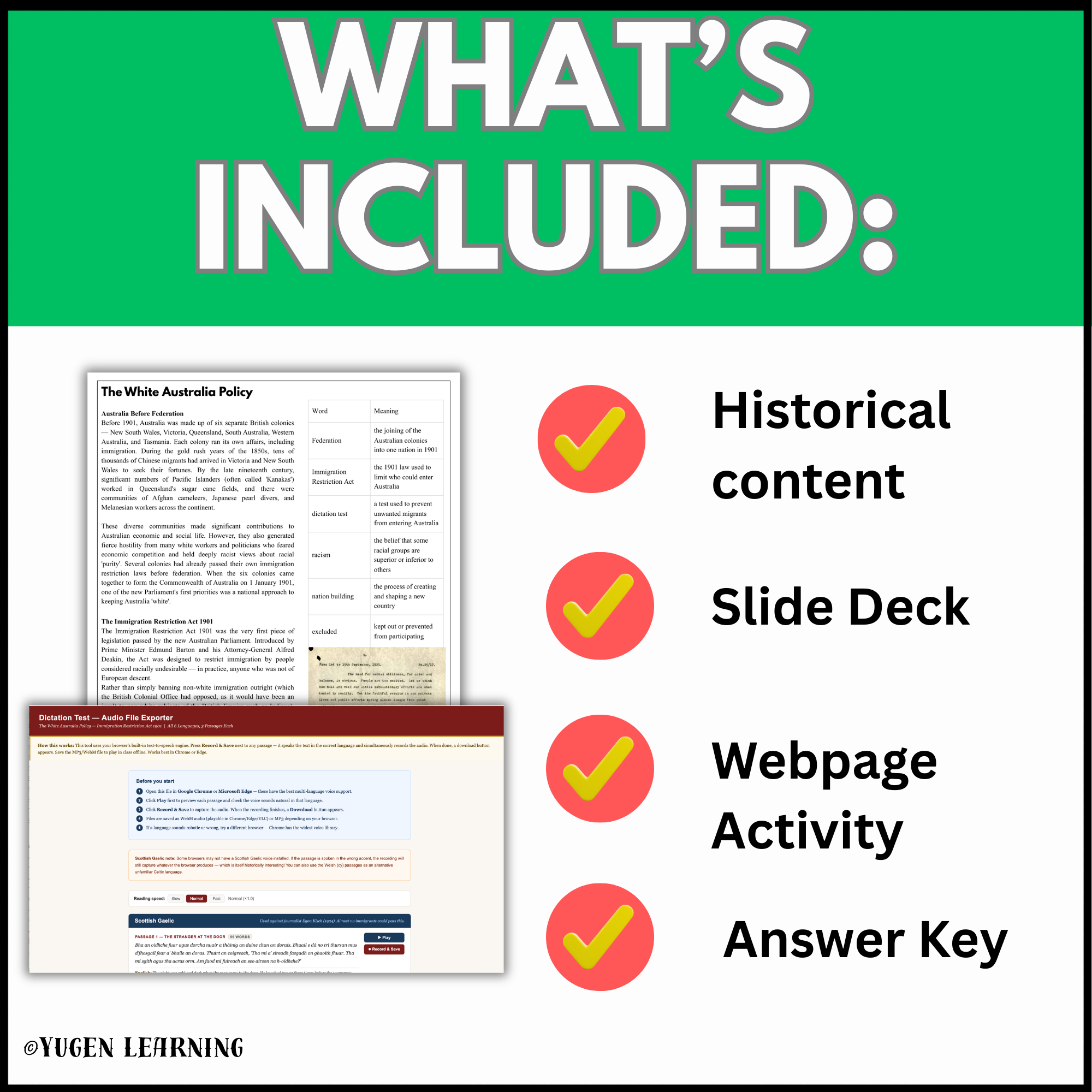 White Australia Policy resource contents including historical content slide deck webpage activity and answer key