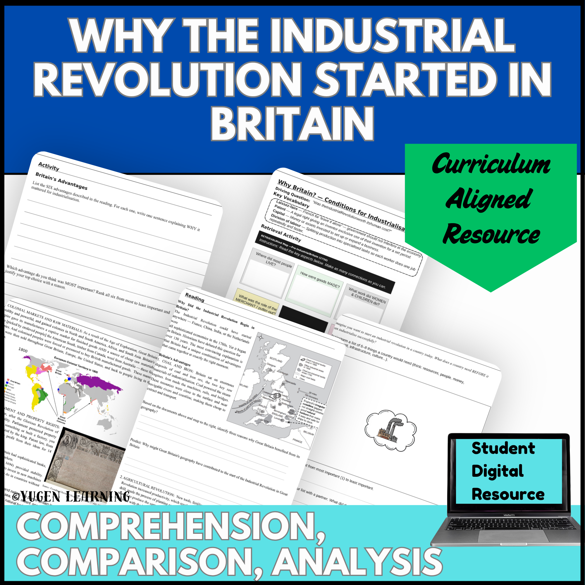 Why the Industrial Revolution Started in Britain Year 9 history resource cover with comprehension, comparison and source analysis activities