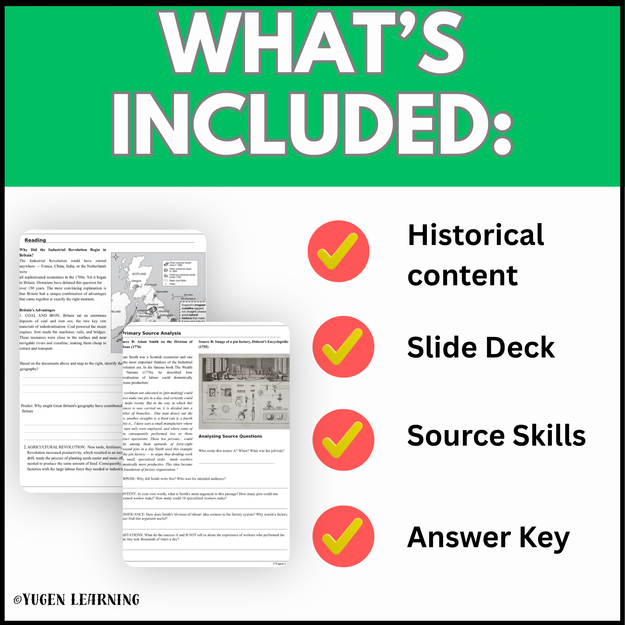 What is included in the Why the Industrial Revolution Started in Britain history resource including historical content, slide deck, source skills and answer key